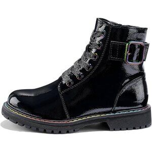 🆕Girls Ankle Boots Patent-Black Glitter Combat Zipper Lace Up Dress Boots